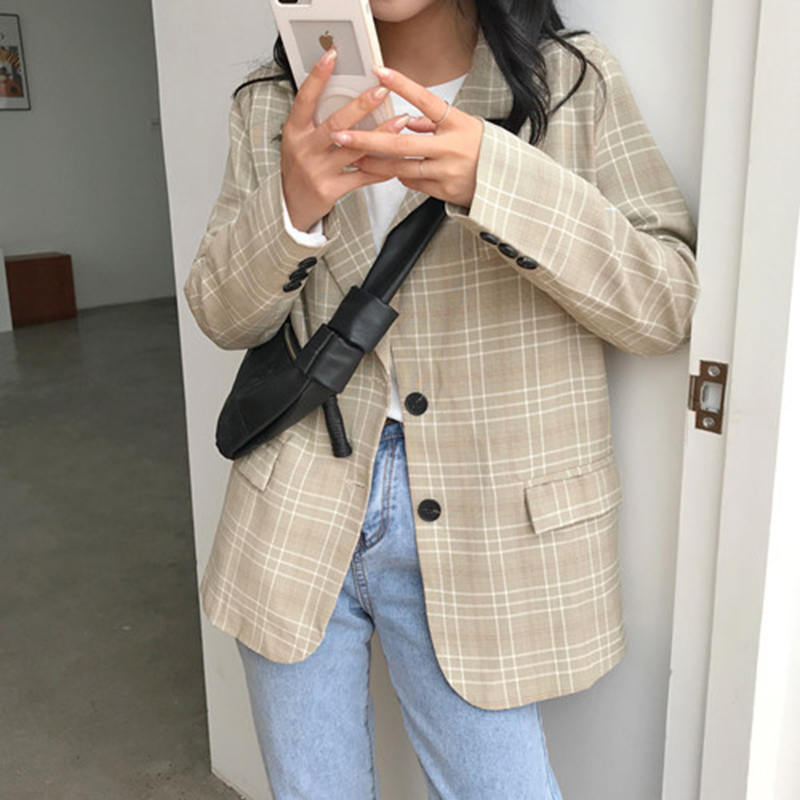 Autumn Korea Fashion Women Long Sleeve Loose Blazers Coat Female Casual Plaid Blazer Retro Bleizer Femeninos Top Quality S82 210512