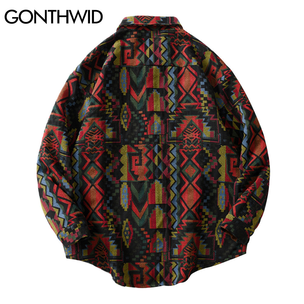GONTHWID Southwestern Aztec Tribal Indian Button Shirts Streetwear Hip Hop Geometry Pattern Casual Long Sleeve Shirt Tops Coats 210410