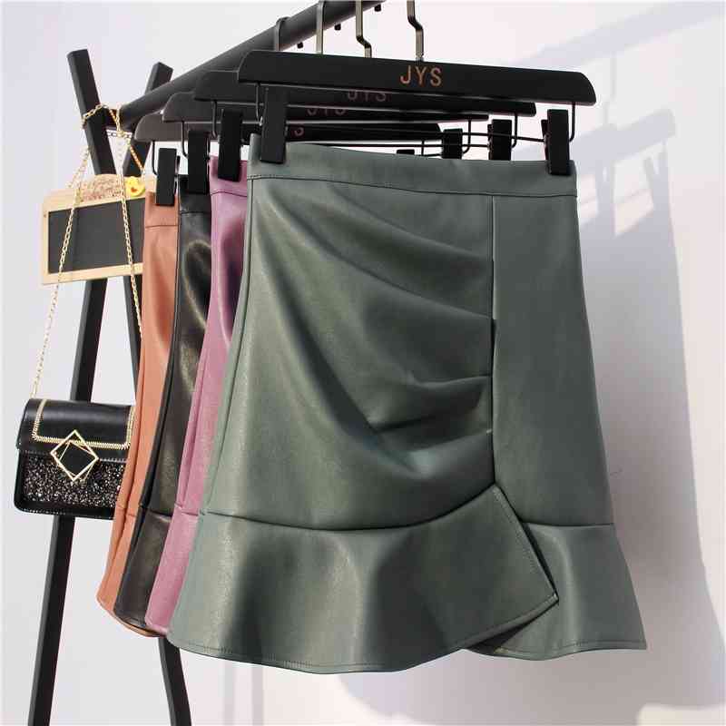 Elegant Solid Casual High Waist PU Fishtail Skirt Woman Autumn Slim Pleated Saias Faldas Feamle A-Line Mini 210514