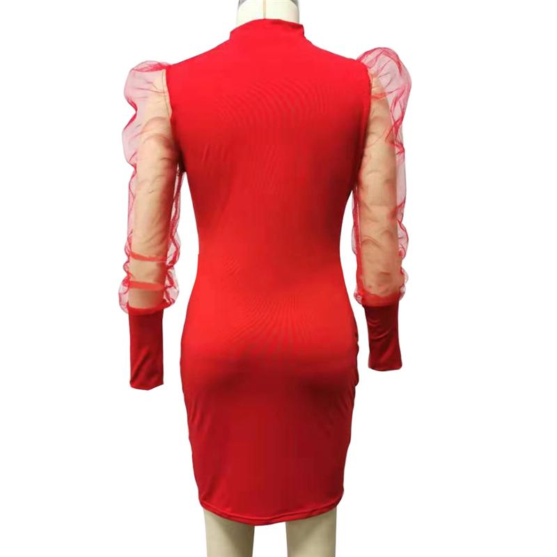 Sexy Women Solid Long Puff Sleeve Mini Dress Fashion Ladies Bodycon Evening Party Casual Dresses