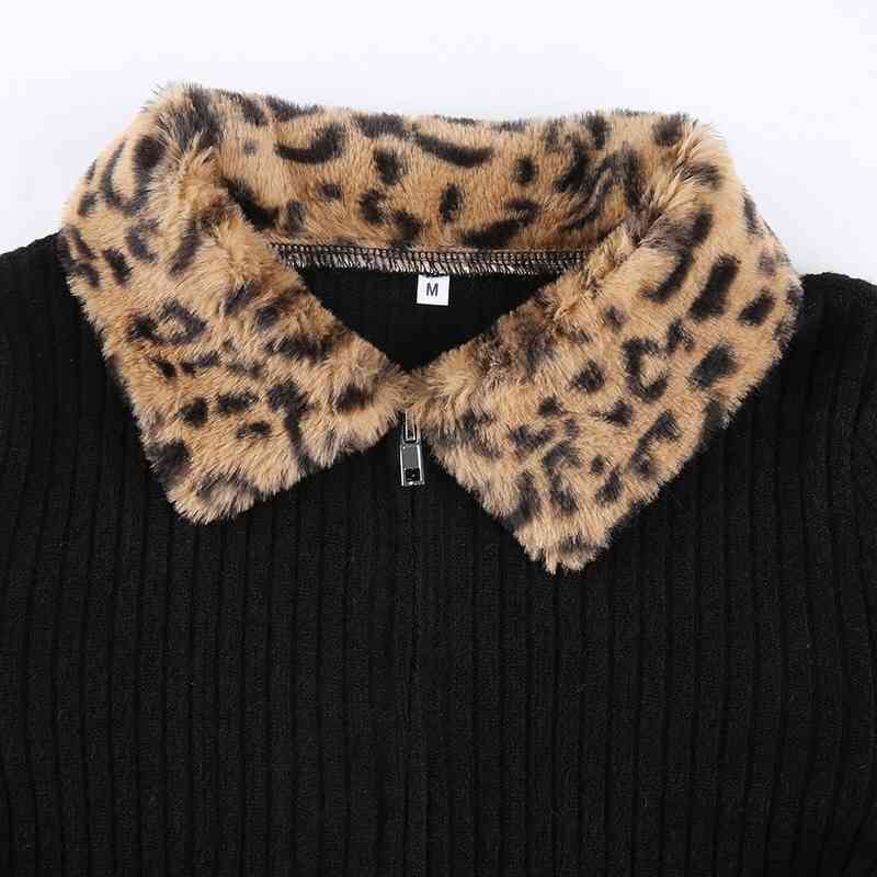 Vintage Faux Fur Leopard Lapel Rib Knitting Cardigan Women Long Sleeve Zipper Crop Sweater Short Slim Jumper Knitwear 210429
