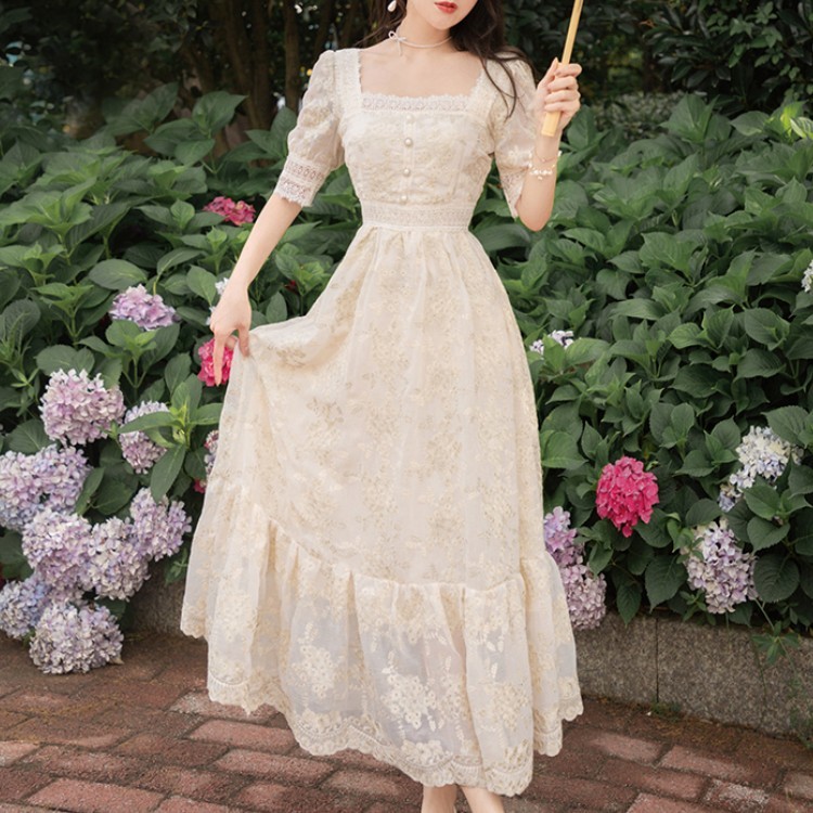 Summer Sweet Lace Embroidery Party Dresses Elegant Square Collar Puff Sleeve Casual Button A Line Ruffles Boho Long Dress 210519