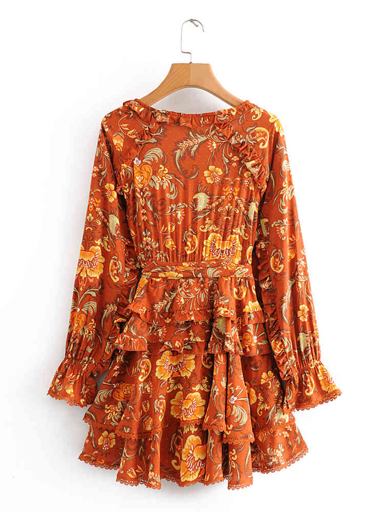 beauty Fashion Boho Floral Print Mini Dress Women Holiday Chic Ruffles V-neck Summer Dresses Mujer Vestido De Moda 210514