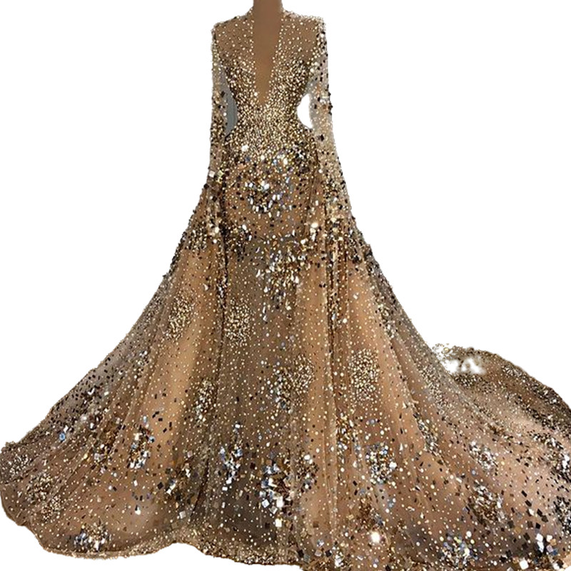 Plus Size Arabic Aso Ebi Gold Luxurious Sparkly Prom Dresses Beaded Crystals Sequins Evening Formal Party Second Reception Go