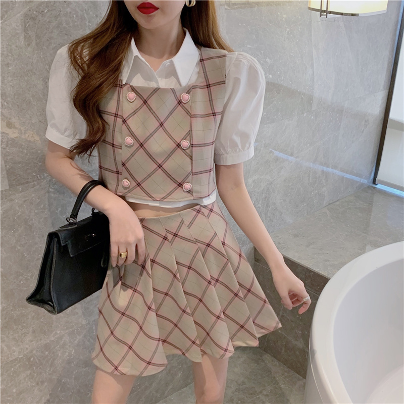 Summer 3 Piece Set Women Sweet White Puff Sleeve Short Shirt + Plaid Double Breasted Vest High Waist Pleated Mini Skirts 210519