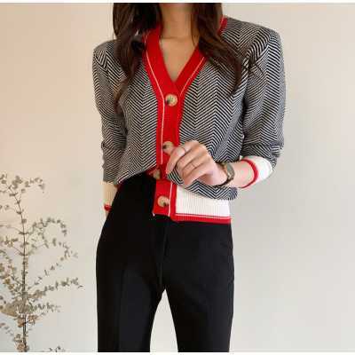 V-neck Single-breasted Korean Cardigan Sweater Women Autumn Winter Color-blocked Long Sleeve Fashion Elegant Ladies Tops 211011Z