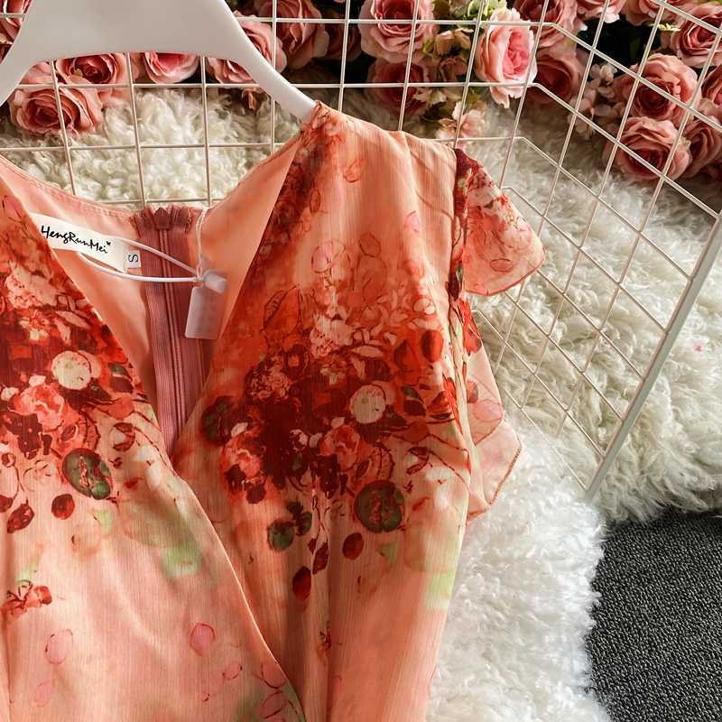 Vintage V-Neck Printed Chiffon Drawstring Mermaid Midi Dress Women Elegant High Waist Ruffle Vestidos Fashion Spring Summer 210630