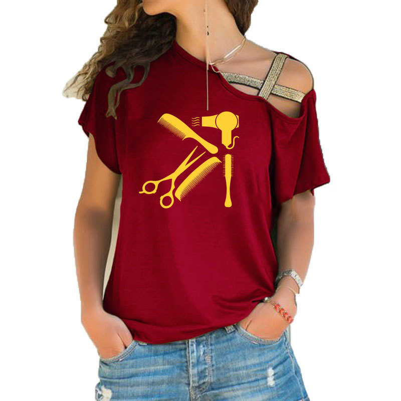 New Art Hair salon Tee Shirt Hairstyle Barber Shirt funny women tumblr fashion new Irregular Skew Cross Bandage style tee tops 210406
