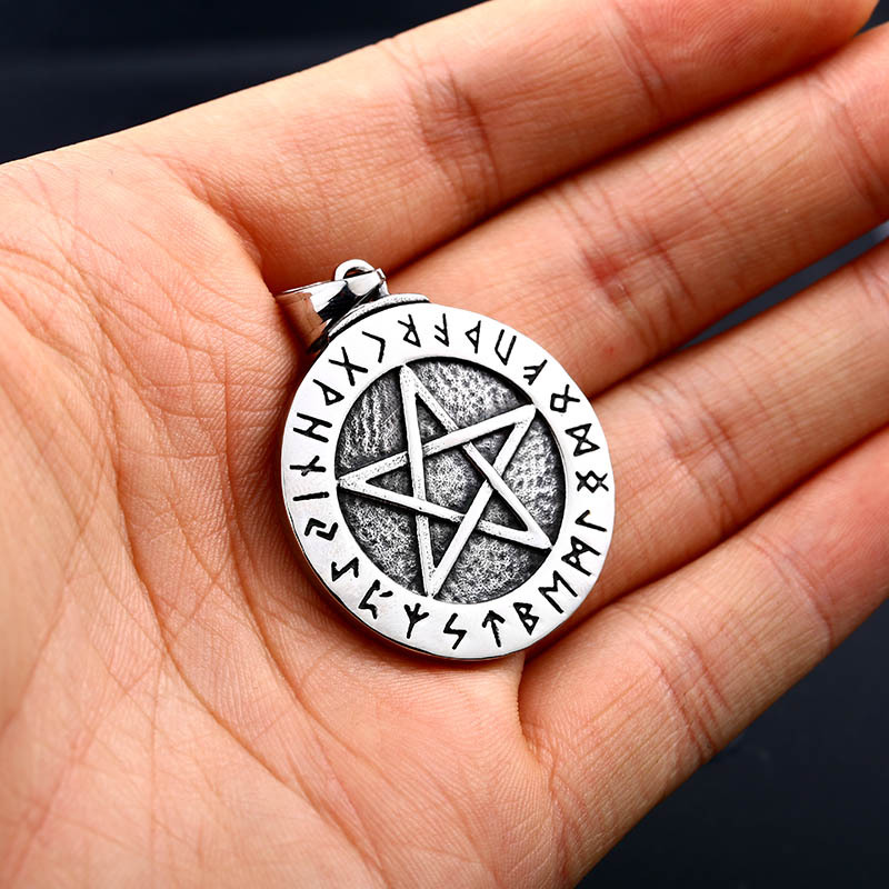 Vintage Men's Stainless Steel Pendant Necklace Norse Viking Runes Pentacle Pentagram Of Protection Amulet Star Charm Ball Chain