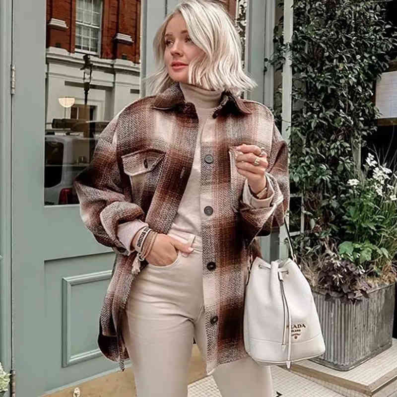 Women Autumn-Winter Fashion Contrast Color hm Long Jacket Female Vintage Plaid Single Breasted Loose Outwear Casual Coats 210421