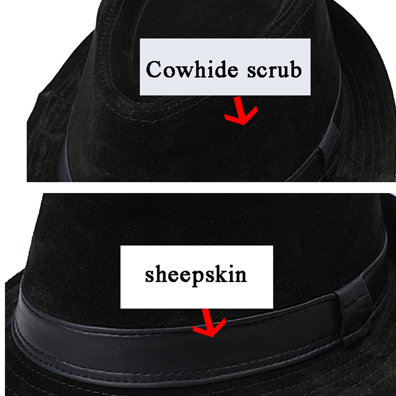 Men Genuine Leather Suede Cow Skin Hats Nubuck Brown Fedoras Women Gentleman Male Jazz Hip Pop Caps 56-60cm Fitted Hat