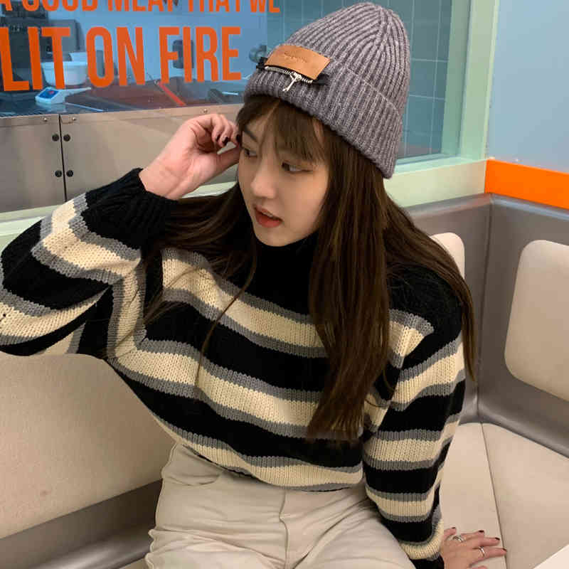 2Colors Autumn Winter Women Turtleneck Pullovers And Sweaters Korean style stripe thick Warm Female knitted Sweater (C8673) 210423
