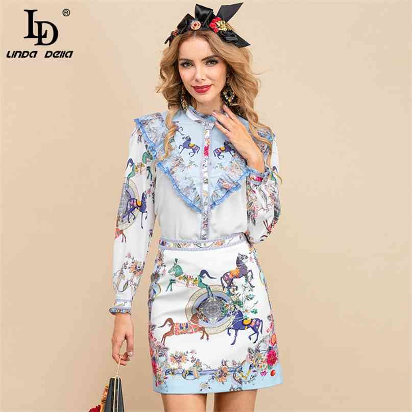 Autumn Fashion Runway Skirt Suit Women Ruffle Long sleeve Print Shirt and Slim Mini 2 Two Piece Sets 210522