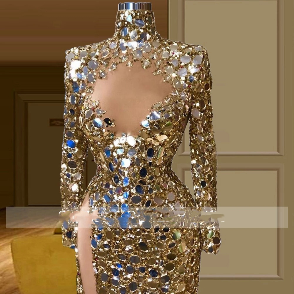 Gold Sparkly Sequins Mermaid Evening Dresses High Keyhole Neck Long Sleeves Beaded Sexy Side Slit Formal Prom Pageant Gowns