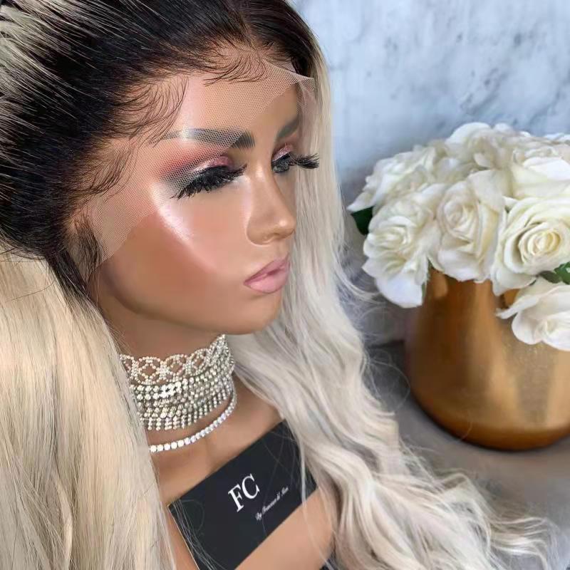 Ombre Blonde Body Wave Wigs With Baby Hair Middle Part Natural Long Wavy Synthetic Lace Front Wig For Black Women