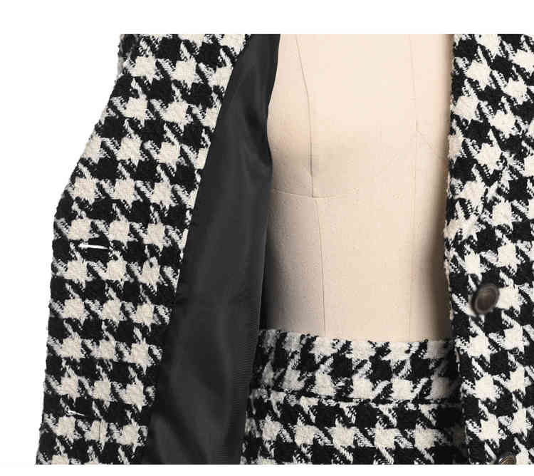 Autumn Winter Women Houndstooth Two Piece Set Ladies Long Sleeve Woolen Tweed Jacket Coat+ Short Pencil Office Skirt Suits 210520