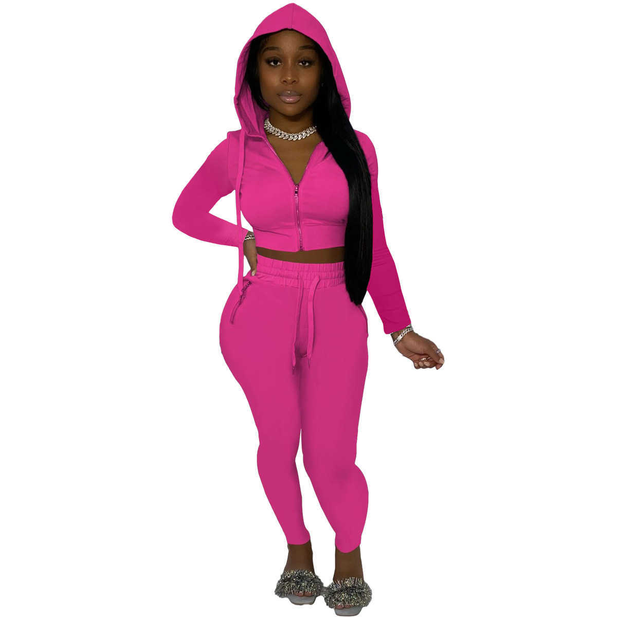 Women's Two Piece Sets Designers Women pants Clothes 2023 fall new solid color hooded zipper casual two-piece pant set