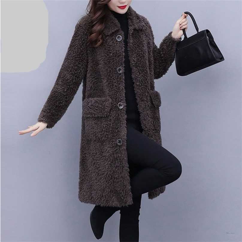 Winter Jacket Women Warm Faux Fur Lambswool Plush Coats Female Outerwear Korean Fashion Ladies Cardigans Long Sleeve Clothing 211123