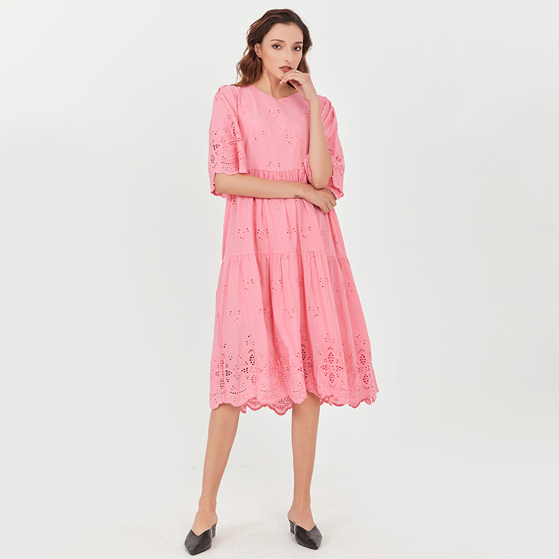 VGH Pink Hollow Out Dress For Women O Neck Half Sleeve Ruched Elegant Midi Dresses Female Fashion New Clothing Summer Tide 210421