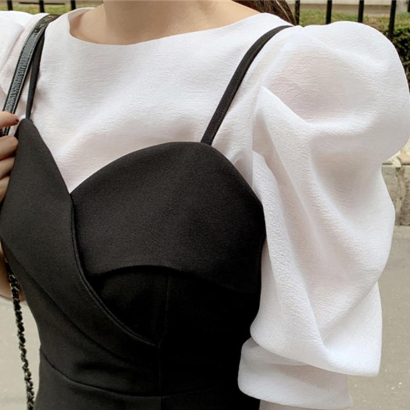 Two Piece Dress [EWQ] 2021 Spummer Thin Section Bubble Sleeve Shirt + Slim Black Wrapped Chest High Waist Suspender Suit Women QV178