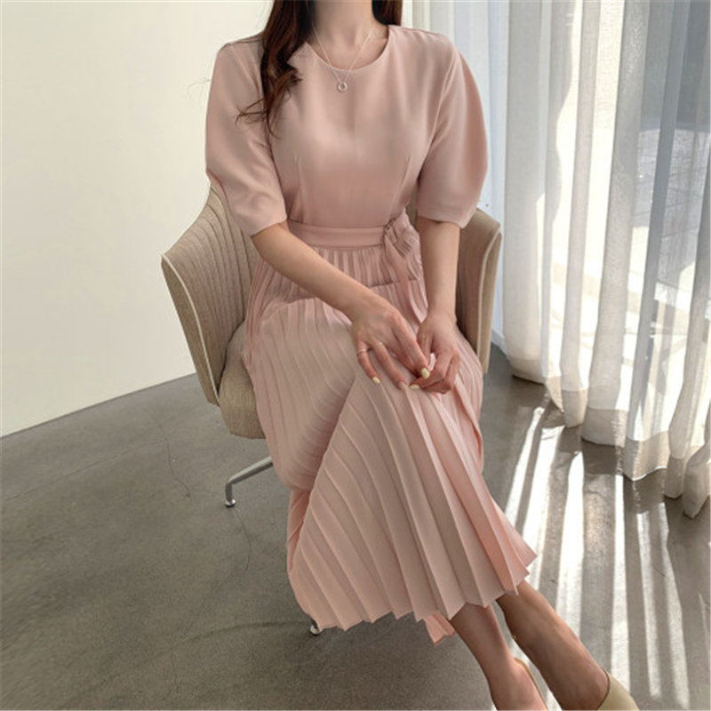 Women Elegance Brief Pleated Sweet OL Solid Slim Streetwear Short Sleeves Gentle Long Dresses Vestidos 210421