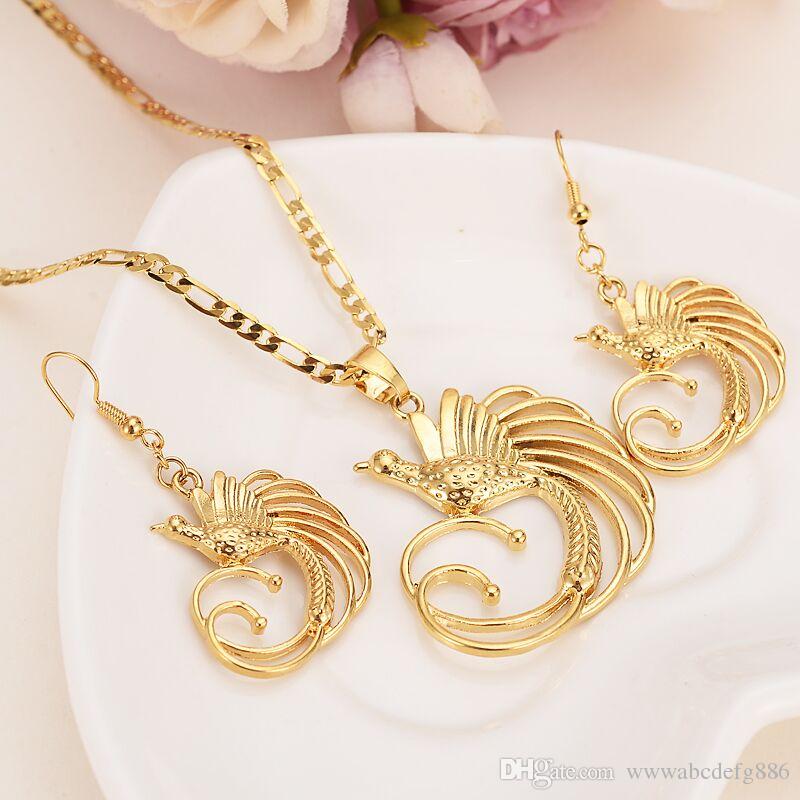 Fine Solid Gold G/F Bird Paradise Pendant Necklaces Earrings Women,Papua Guinea Jewelry PNG National Style
