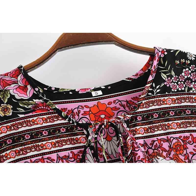 Holiday Bandage Lacing up Collar Contrast color Flower Print Dress BOHO Woman Long Sleeve Maxi Bohemian Dresses Beach 210429