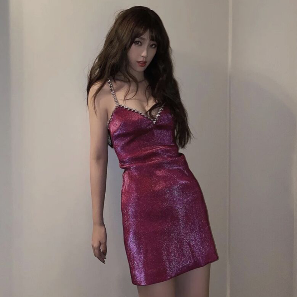 Summer Spaghetti Strap Mini Pink V Neck Dress For Women Sexy Sleeveless Diamonds Lady Club Evening Party Sundress 210423