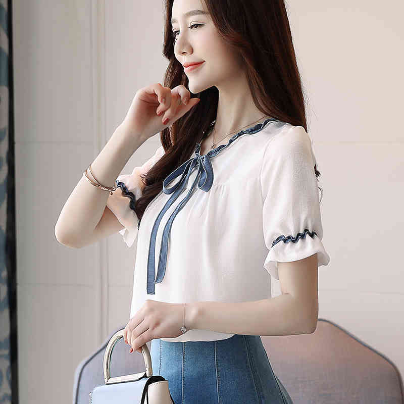 sweet lady style fashion blouse shirt bow short sleeved blouses white women tops casual slim summer shirts 0551 40 210506