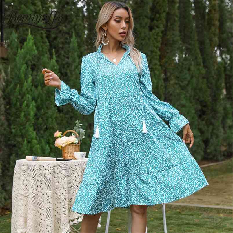 Tassel Tie Neck Casual Print Midi Dresses Spring Women Fashion High Waist Long Sleeve A-Line Dress Lady 210510