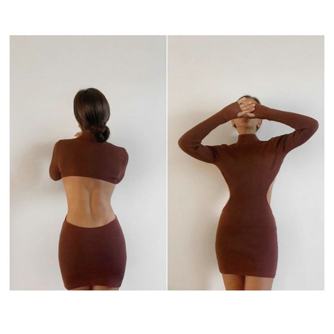 Sexy Backless Slim Women Dress Autumn Solid Turtleneck Package Hip Mini Femme Long Sleeve Knitted Tight Club Party es 210522