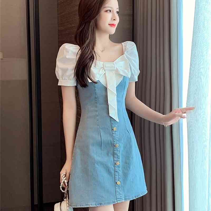 Vintage Sweet White Bowknot Patchwork Denim Dress Summer Women Elegant Square Collar Puff Sleeve High Waist A Line 210519