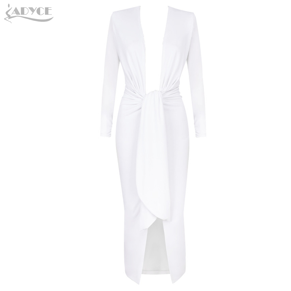 Women's Long Sleeve Dress Sexy White Split Deep VNeck Sashes Fashion Bodycon Femme Vestidos Club Party 210423
