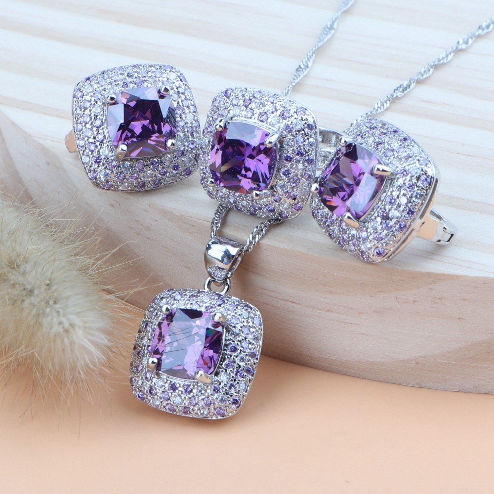Silver 925 Women Jewelry Sets Purple Cubic Zirconia Jewelry Wedding Bridal Pendant Rings Earrings Bracelet