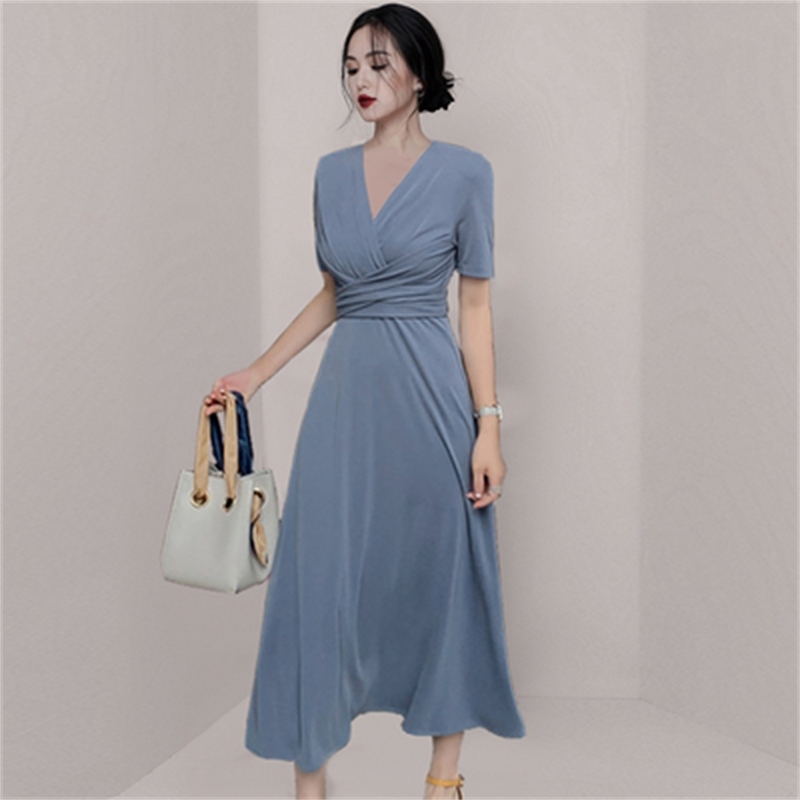 Fashion Elegant Dress Women Solid Color V Neck Short Sleeve Plated Swing Party Banquet 210520