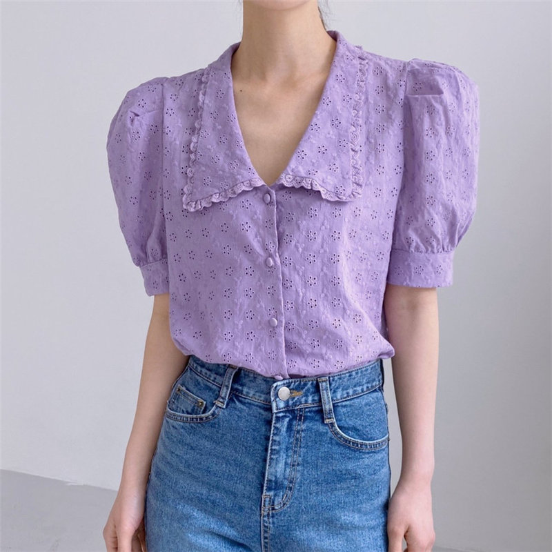 Lavender Purple Gentle Office Lady Streetwear Slim Tops Summer High Waist Loose Chic Sweet OL All Match Shirts 210421