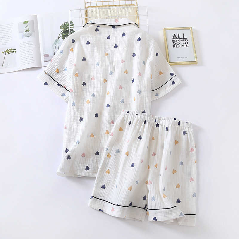 Japanese summer ladies cotton gauze short sleeve shorts pajamas suit cute heart-shaped thin section home service suit woman 210924