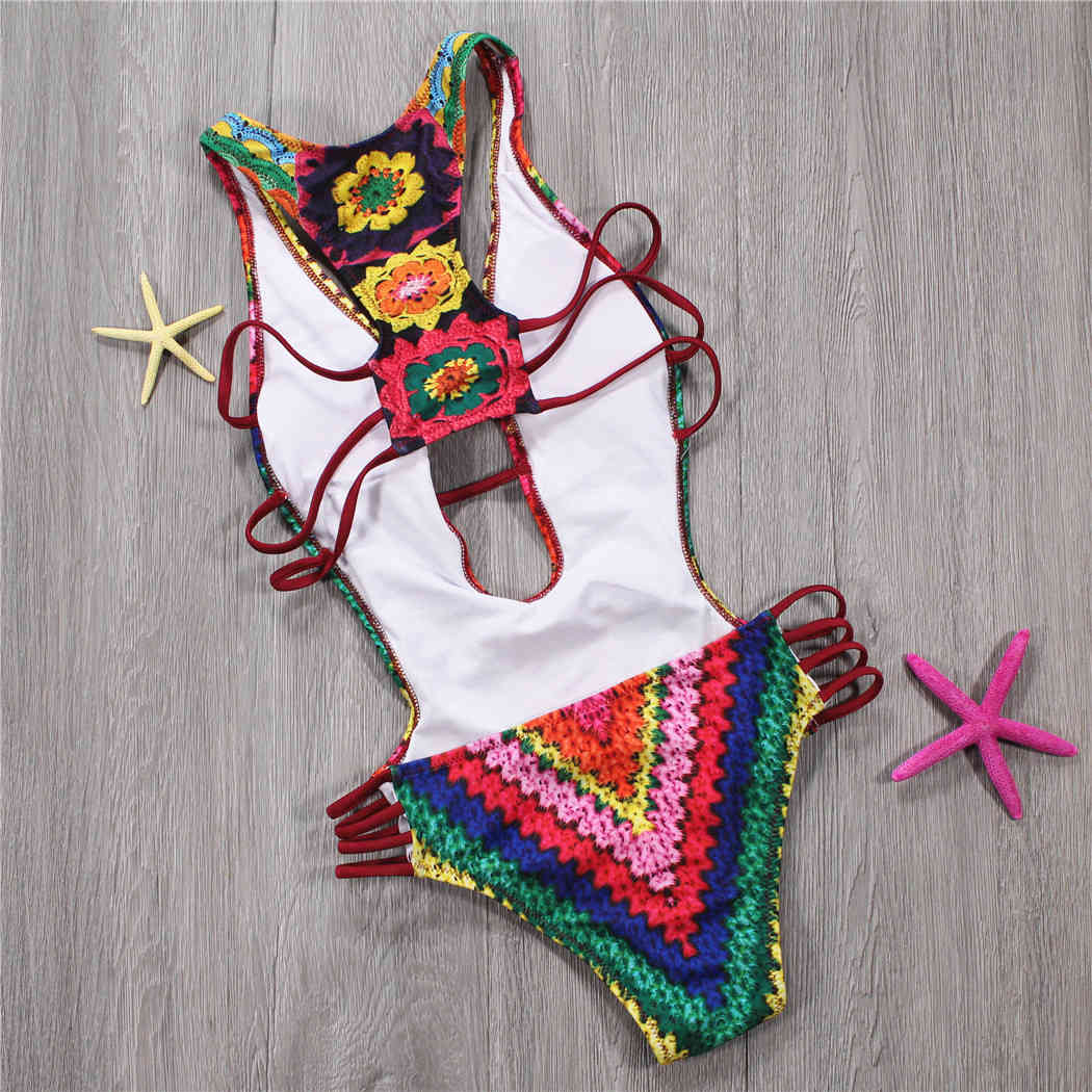 Sexy Bandage Swimsuit Floral Swimwear Women Backless Monokini Push Up Swim Suits High Cut Trikini Bathing Suit XL 210520