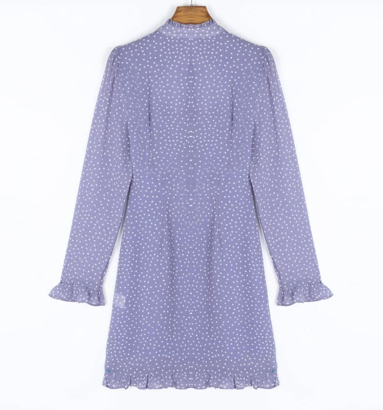 Vintage France Style Purple Polka Dot Print Hollow Out Women Dress Long sleeve Lacing up Collar Slim Girl's Mini Dresses 210429