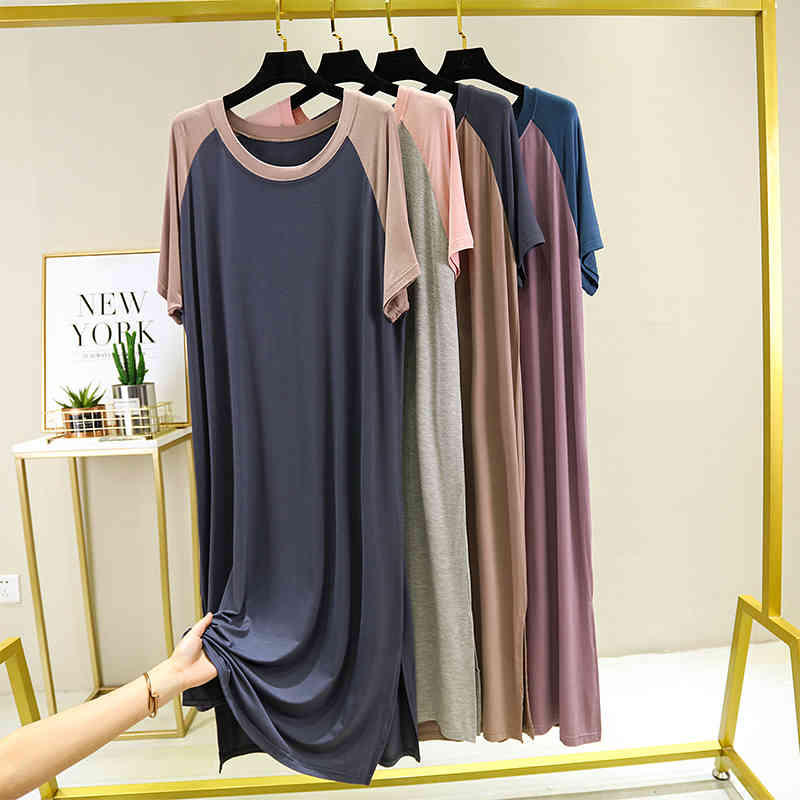 Robe Ete Femme Casual O-neck Short Sleeve Patchwork Beach Modal Cotton Long Night Dress Gown Women Plus Size Sukienka 210331