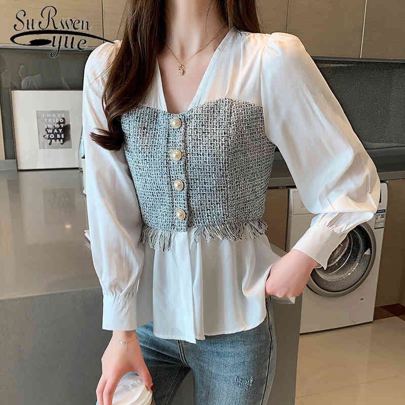 Korean Style Women Spliced Chiffon Blouse Solid White Long Sleeve Shirt Fashion Office Lady Tops V-neck Feminina shirt 8110 50 210521
Korean Style Women Spliced Chiffon Blouse Solid White Long Sleeve Shirt Fashion Office Lady Tops V-neck Feminina shirt 8110 50 210521