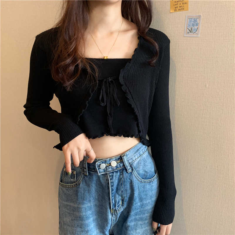 Womens Cardigan s Sets Knitted Sweater Korean Clothing Lace Up Cardigans Thin Slim Crop Tops Pullover 211018