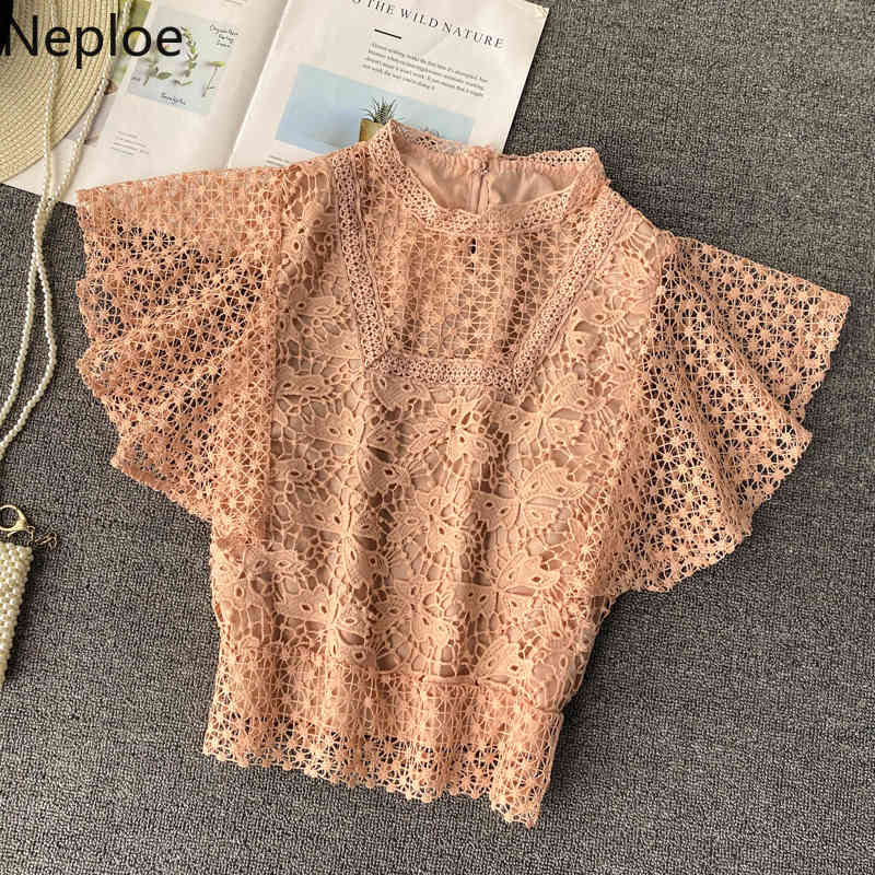 Neploe Blusas De Mujer Summer Women Lace Tops Korean Fashion Clothes See Throught Shirts Stand Neck Elegant Ladies Blouses 210422