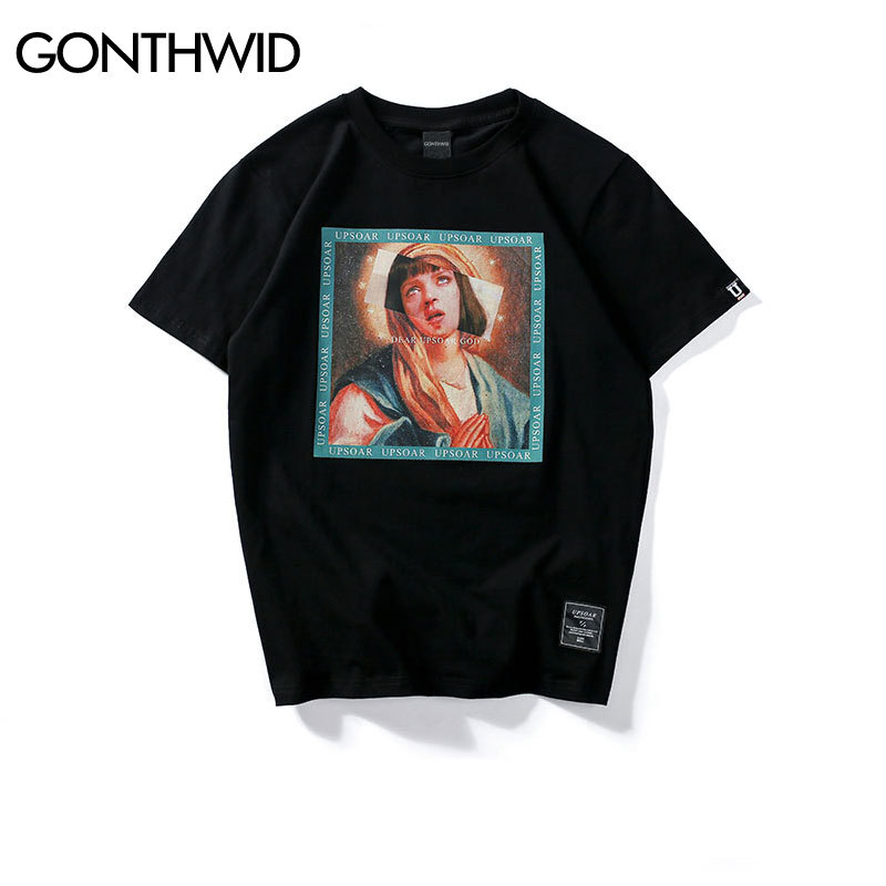 GONTHWID Virgin Mary Men's T-Shirts Funny Printed Short Sleeve Tshirts Summer Hip Hop Casual Cotton Tops Tees Streetwear 210329
