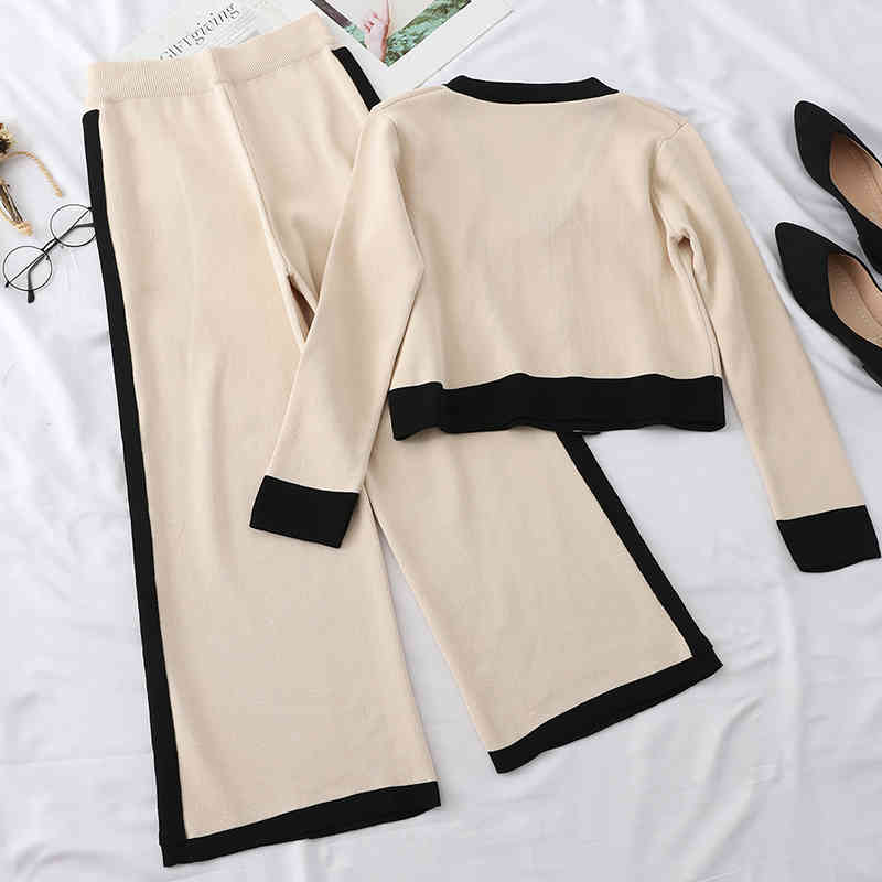 Knitted Two Piece Set Women V Neck Pullovers +elastic Waist Pants Autumn Fashion Outfits Korean Ropa Mujer 17433 210415