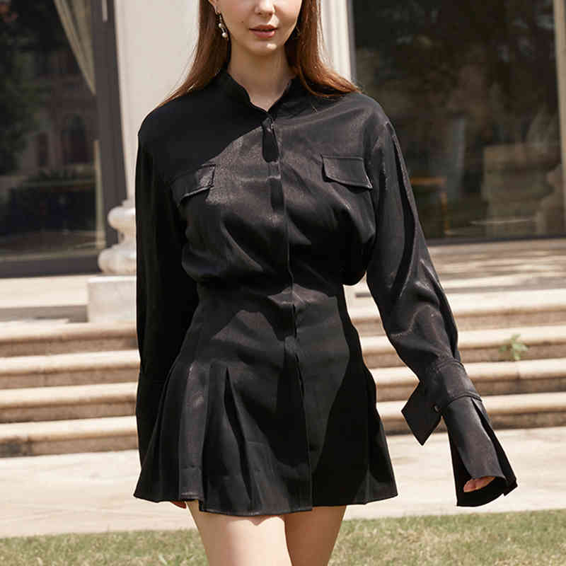 VGH Black Harajuku Solid Dress For Women Color Lapel Collar Long Sleeve High Waist Dresses Female Spring New Clothing 210421