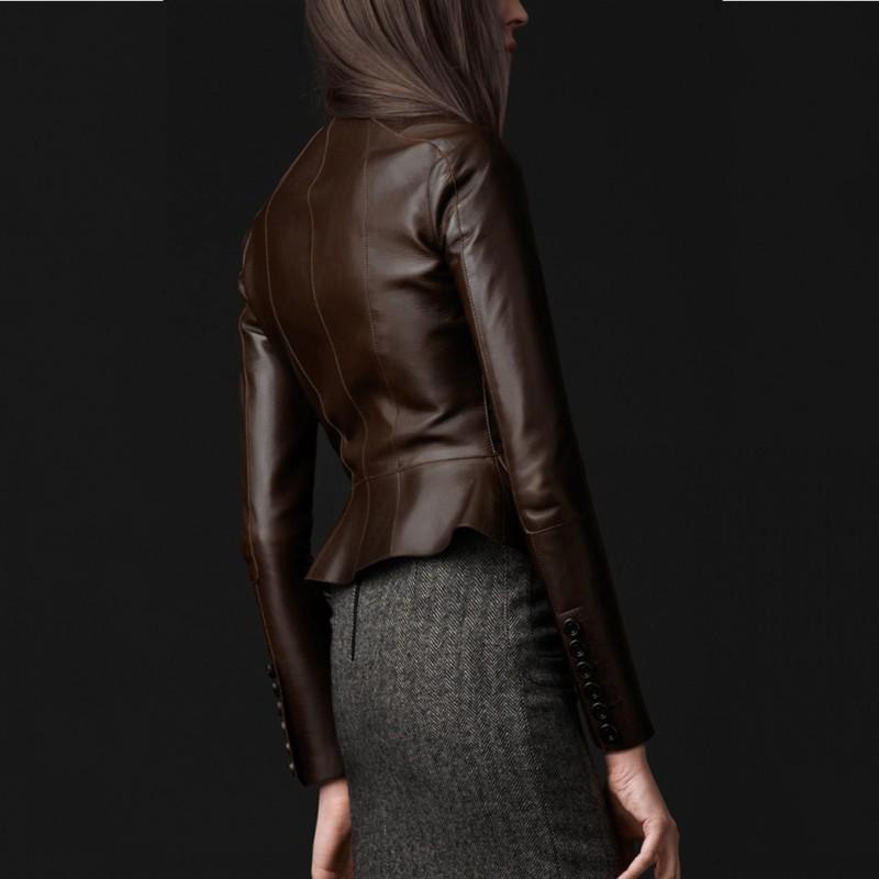 Genuine Leather 100% Biker Jacket Women Stand Collar Slim Fit Ruffle Short Outerwear Office Ladies High Quality Sheepskin Coat Women's & Fau