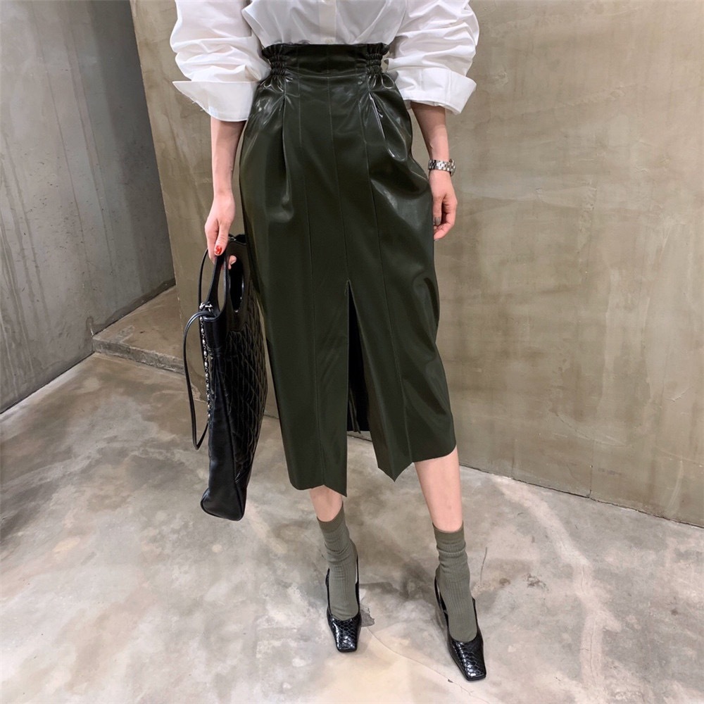 Black Solid Sexy Formal PU Leather Elegant Long Skirt Women Autumn Spring High Waist Office Ladies Pencil Skirts 210421