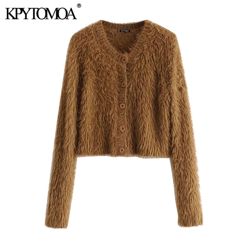 Women Fashion Faux Fur Soft Touch Cropped Knitted Cardigan Sweater Long Sleeve Female Pullovers Chic Tops 210420