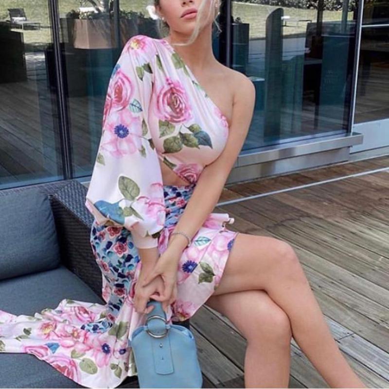 Women Sets Asymmetric Strapless Single Sleeve Crop Top With Irregular Skirt 2 Piece Two And 210524